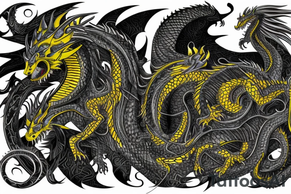 Shoulder sleeve tattoo
dragon with black scales, yellow small highlights on scales, long sharp claws, silky hair and intense eyes. dragon has lions hair

silky hair
trippy
abstract negative spaces
scratch marks tattoo idea