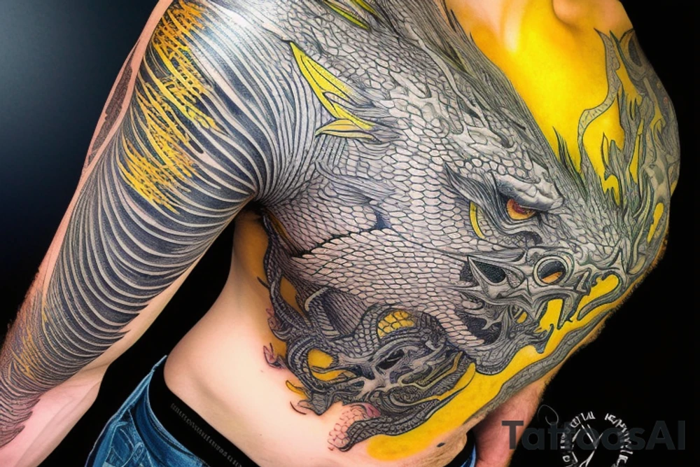 Shoulder sleeve tattoo
dragon with black scales, yellow small highlights on scales, long sharp claws, silky hair and intense eyes. dragon has lions hair

silky hair
trippy
abstract negative spaces
scratch marks tattoo idea