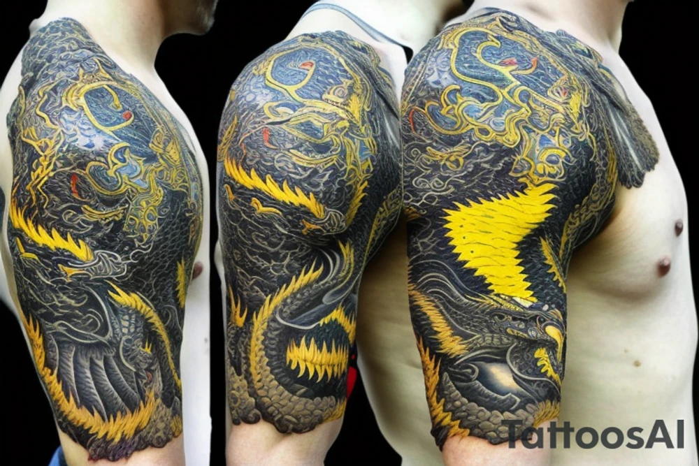 Shoulder sleeve tattoo
dragon with black scales, yellow small highlights on scales, long sharp claws, silky hair and intense eyes. dragon has lions hair

silky hair
trippy
abstract negative spaces
scratch marks tattoo idea