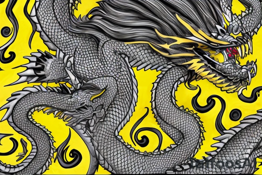 Shoulder sleeve tattoo
dragon with black scales, yellow small highlights on scales, long sharp claws, silky hair and intense eyes. dragon has lions hair

silky hair
trippy
abstract negative spaces
scratch marks tattoo idea