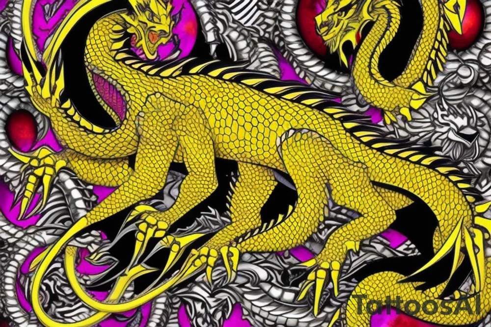 Shoulder sleeve tattoo
dragon with black scales, yellow small highlights on scales, long sharp claws, silky hair and intense eyes. dragon has lions hair

silky hair
trippy
abstract negative spaces
scratch marks tattoo idea