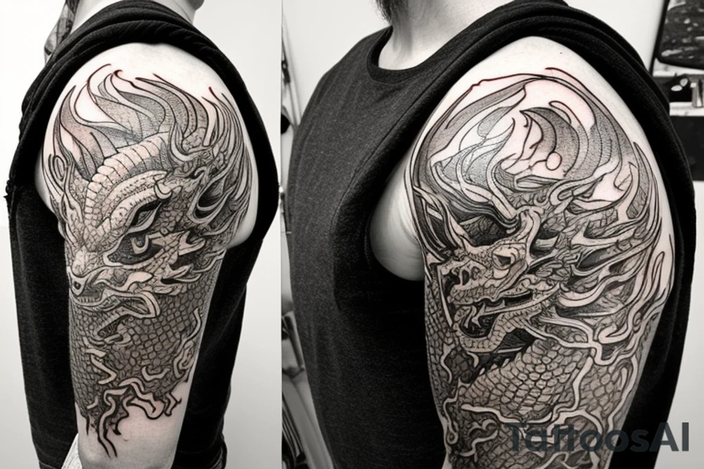 Shoulder sleeve tattoo
dragon with black scales, yellow small highlights on scales, long sharp claws, silky hair and intense eyes. dragon has lions hair

silky hair
trippy
abstract negative spaces
scratch marks

https://www.mushroom-magazine.com/the-mystic-shades-of-alex-grey/ tattoo idea
