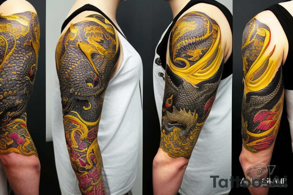 Shoulder sleeve tattoo
dragon with black scales, yellow small highlights on scales, long sharp claws, silky hair and intense eyes. dragon has lions hair

silky hair
trippy
abstract negative spaces
scratch marks

https://www.mushroom-magazine.com/the-mystic-shades-of-alex-grey/ tattoo idea
