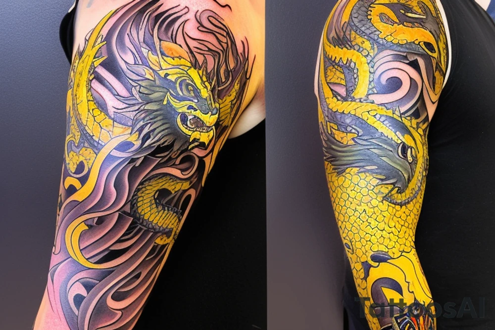 Shoulder sleeve tattoo
dragon with black scales, yellow small highlights on scales, long sharp claws, silky hair and intense eyes. dragon has lions hair

silky hair
trippy
abstract negative spaces
scratch marks

https://www.mushroom-magazine.com/the-mystic-shades-of-alex-grey/ tattoo idea