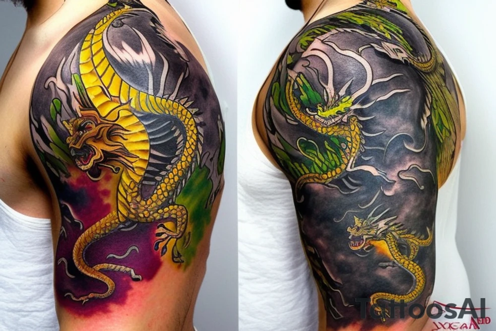Shoulder sleeve tattoo
dragon with black scales, yellow small highlights on scales, long sharp claws, silky hair and intense eyes. dragon has lions hair

silky hair
trippy
abstract negative spaces
scratch marks

https://www.mushroom-magazine.com/the-mystic-shades-of-alex-grey/ tattoo idea