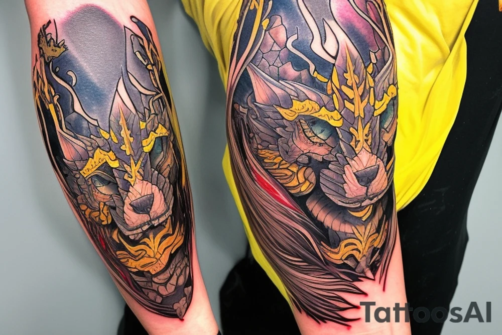 Shoulder sleeve tattoo
dragon with black scales, yellow small highlights on scales, long sharp claws, silky hair and intense eyes. dragon has lions hair

silky hair
trippy
abstract negative spaces
scratch marks

https://www.mushroom-magazine.com/the-mystic-shades-of-alex-grey/ tattoo idea