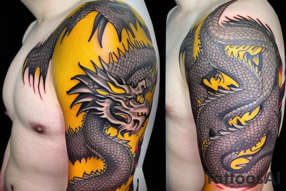 Shoulder sleeve tattoo
dragon with black scales, yellow small highlights on scales, long sharp claws, silky hair and intense eyes. dragon has lions hair

silky hair
trippy
abstract negative spaces
scratch marks

https://www.mushroom-magazine.com/the-mystic-shades-of-alex-grey/ tattoo idea