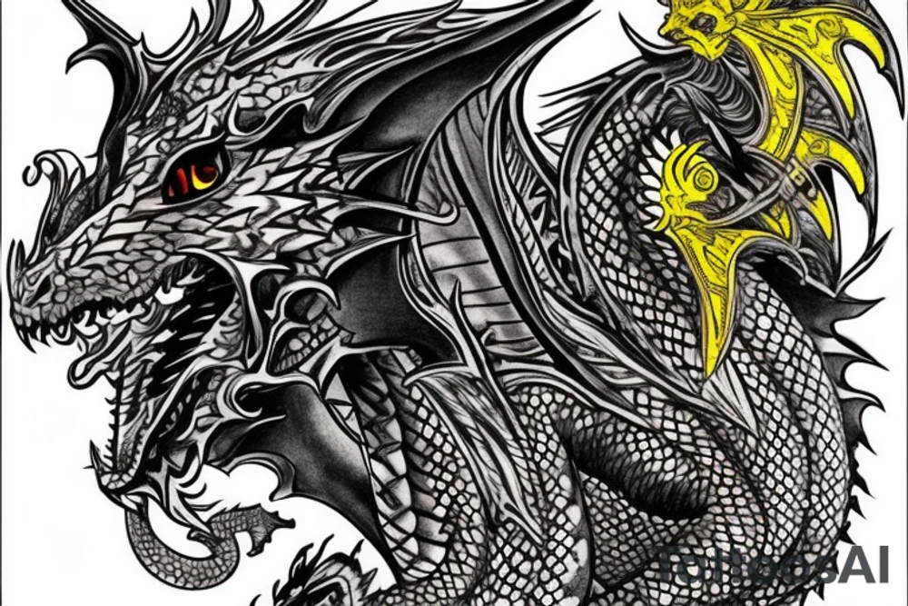 Shoulder sleeve tattoo
dragon with black scales, yellow small highlights on scales, long sharp claws, silky hair and intense eyes. dragon has lions hair

silky hair
trippy
abstract negative spaces
scratch marks

https://www.mushroom-magazine.com/the-mystic-shades-of-alex-grey/ tattoo idea