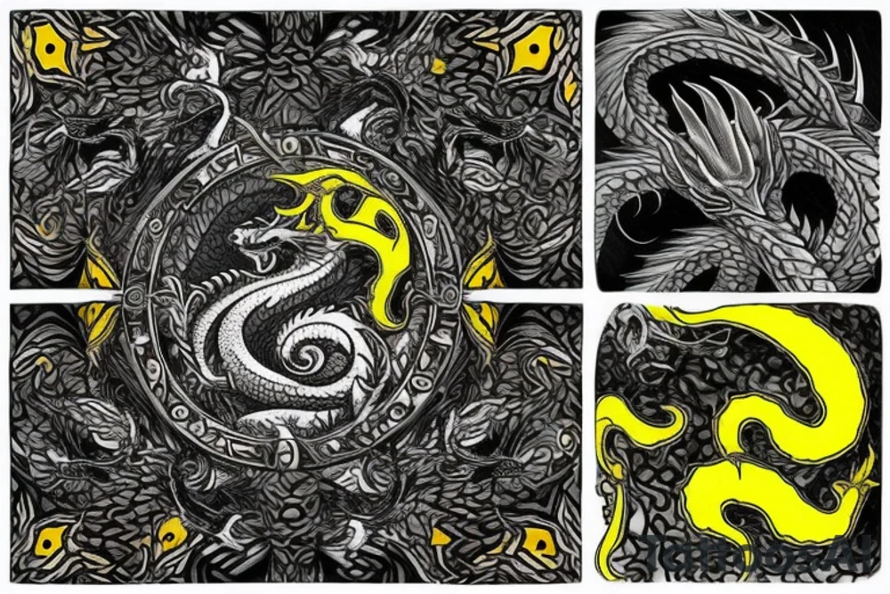 Shoulder sleeve tattoo
dragon with black scales, yellow small highlights on scales, long sharp claws, silky hair and intense eyes. dragon has lions hair

silky hair
trippy
abstract negative spaces
scratch marks

https://www.mushroom-magazine.com/the-mystic-shades-of-alex-grey/ tattoo idea