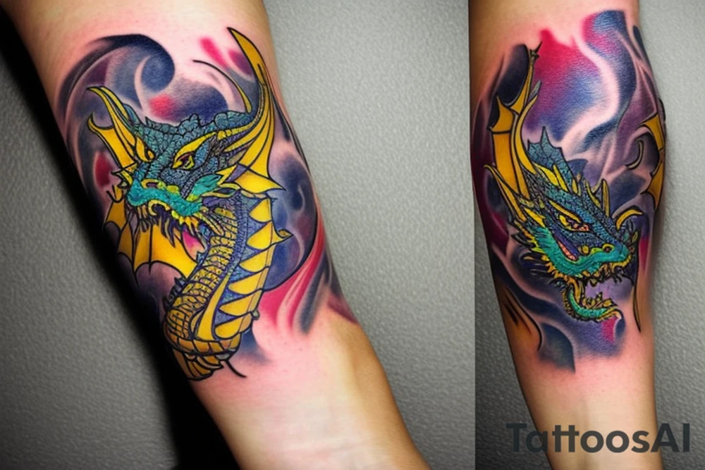 Shoulder sleeve tattoo
dragon with black scales, yellow small highlights on scales, long sharp claws, silky hair and intense eyes. dragon has lions hair

silky hair
trippy
abstract negative spaces
scratch marks

https://www.mushroom-magazine.com/the-mystic-shades-of-alex-grey/ tattoo idea