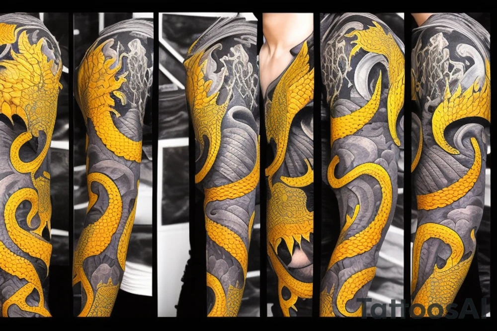Shoulder sleeve tattoo
dragon with black scales, yellow small highlights on scales, long sharp claws, silky hair and intense eyes. dragon has lions hair

silky hair
trippy
abstract negative spaces
scratch marks

https://www.mushroom-magazine.com/the-mystic-shades-of-alex-grey/ tattoo idea