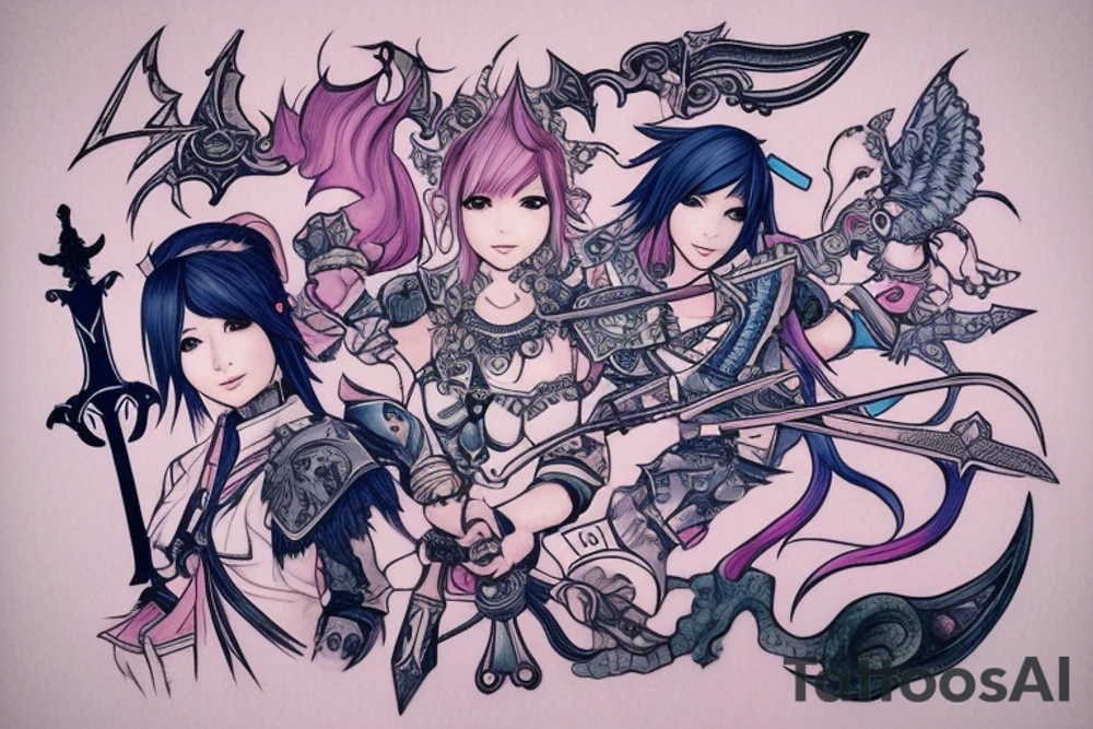 Final Fantasy XIV Dalamud Icon with a paladin sword in the middle, pink and blue tattoo idea