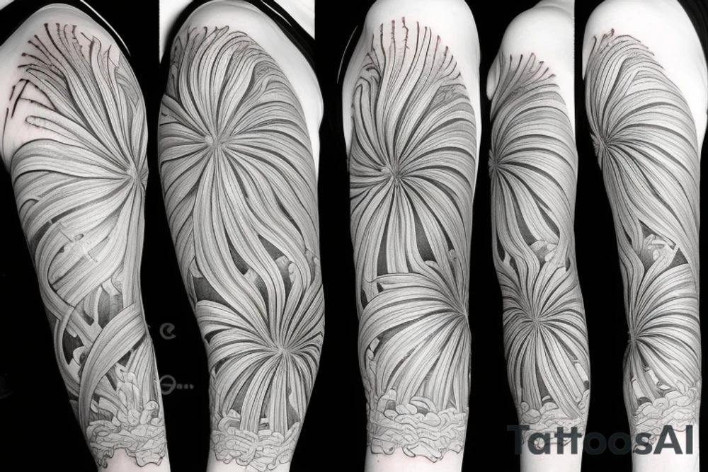 spider lilies full sleeve tattoo with japanese dragon and waves crashing into rocks as the backdrop tattoo idea
