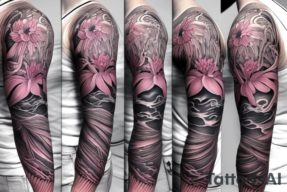 spider lilies full sleeve tattoo with japanese dragon and waves crashing into rocks as the backdrop tattoo idea