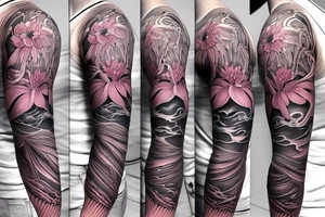 spider lilies full sleeve tattoo with japanese dragon and waves crashing into rocks as the backdrop tattoo idea