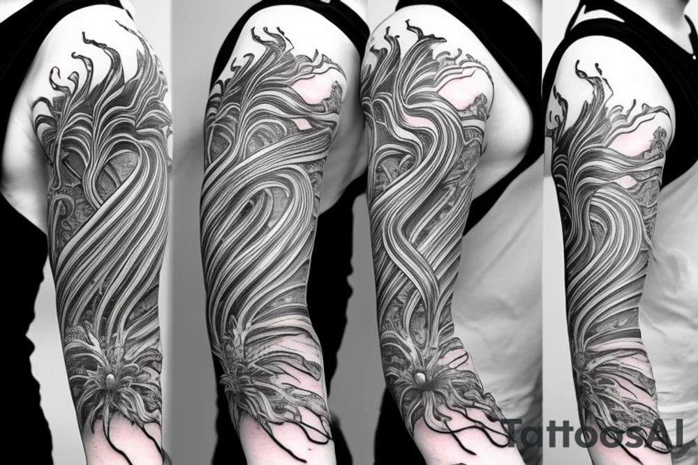 spider lilies full sleeve tattoo with japanese dragon and waves crashing into rocks as the backdrop tattoo idea