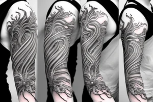 spider lilies full sleeve tattoo with japanese dragon and waves crashing into rocks as the backdrop tattoo idea