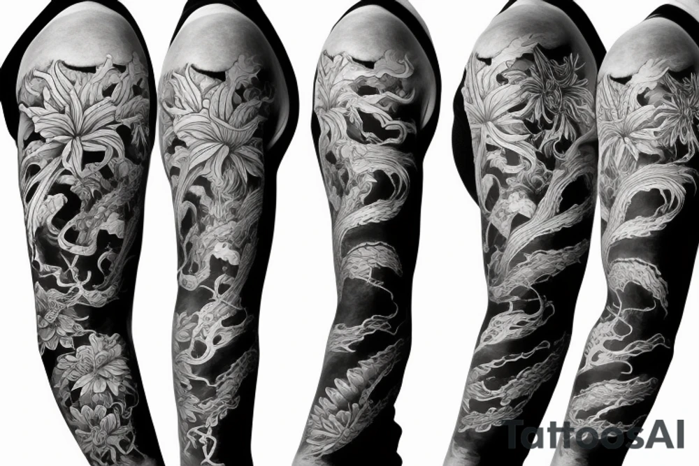 spider lilies full sleeve tattoo with japanese dragon and waves crashing into rocks as the backdrop tattoo idea