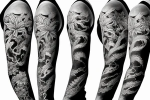 spider lilies full sleeve tattoo with japanese dragon and waves crashing into rocks as the backdrop tattoo idea