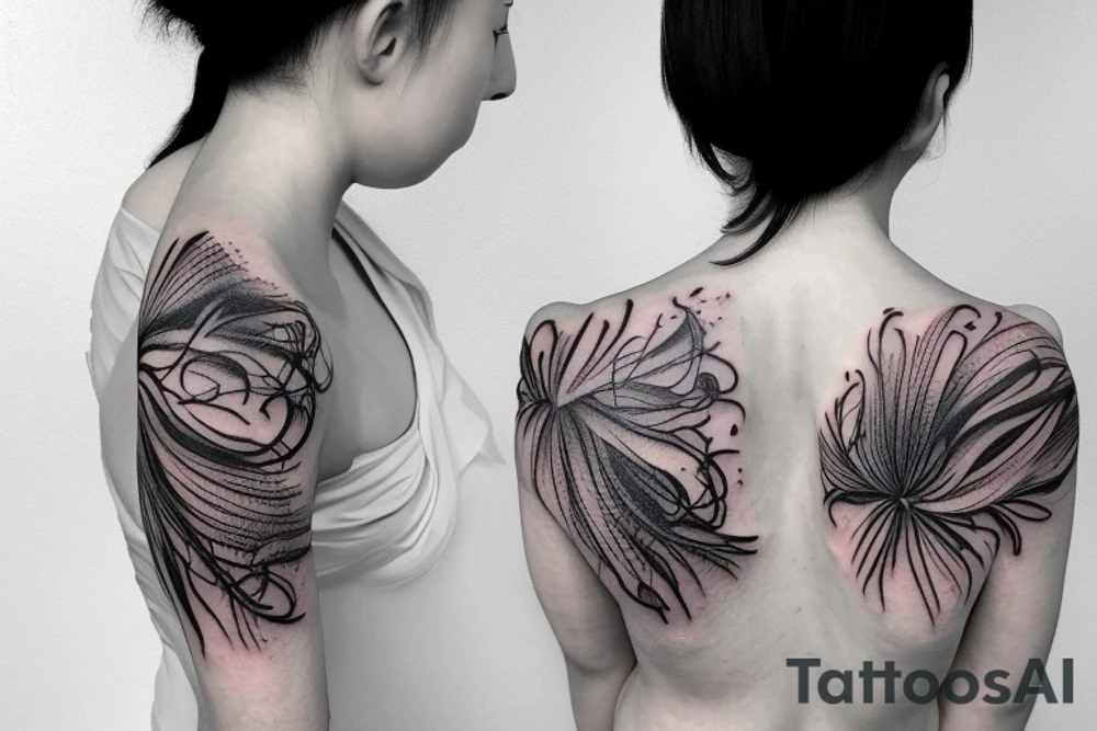 small spider lilies full sleeve tattoo with crashing waves in the background tattoo idea