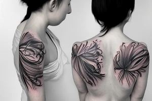 small spider lilies full sleeve tattoo with crashing waves in the background tattoo idea