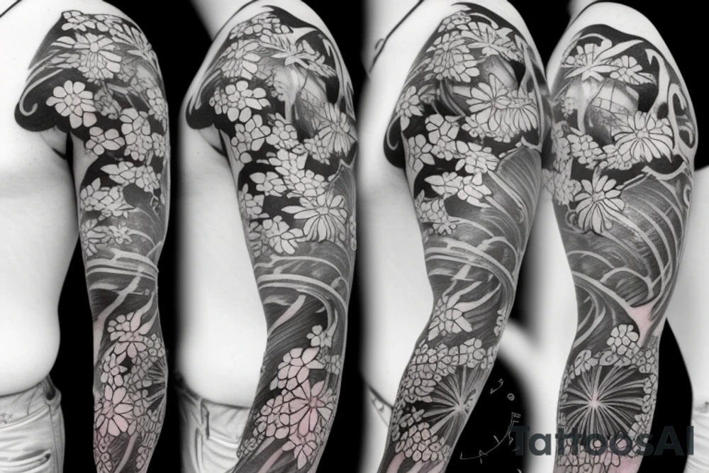 small spider lilies full sleeve tattoo with crashing waves in the background tattoo idea