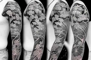 small spider lilies full sleeve tattoo with crashing waves in the background tattoo idea