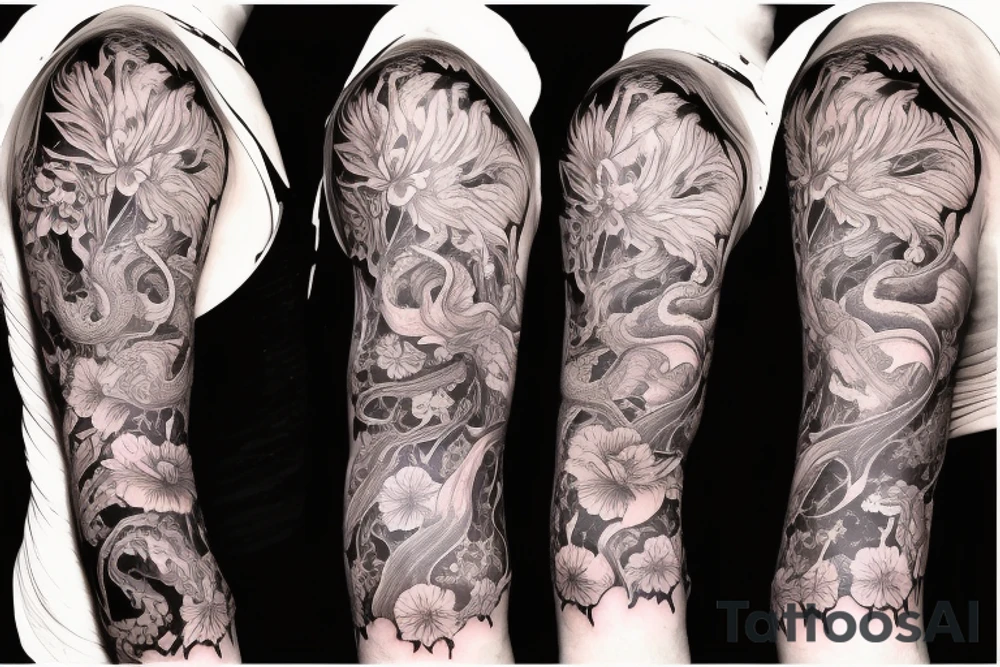 small spider lilies full sleeve tattoo with crashing waves in the background and a dragon wrapping around my arm tattoo idea