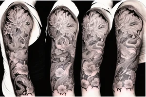small spider lilies full sleeve tattoo with crashing waves in the background and a dragon wrapping around my arm tattoo idea