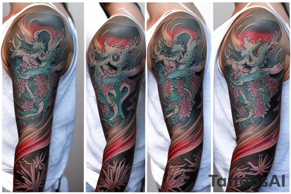 small spider lilies full sleeve tattoo with crashing waves in the background and a dragon wrapping around my arm tattoo idea