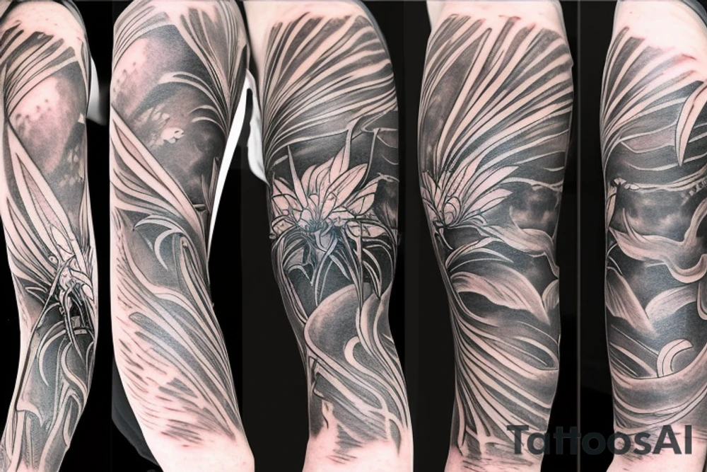 small spider lilies full sleeve tattoo with crashing waves in the background and a dragon wrapping around my arm tattoo idea