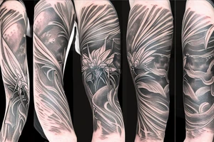 small spider lilies full sleeve tattoo with crashing waves in the background and a dragon wrapping around my arm tattoo idea