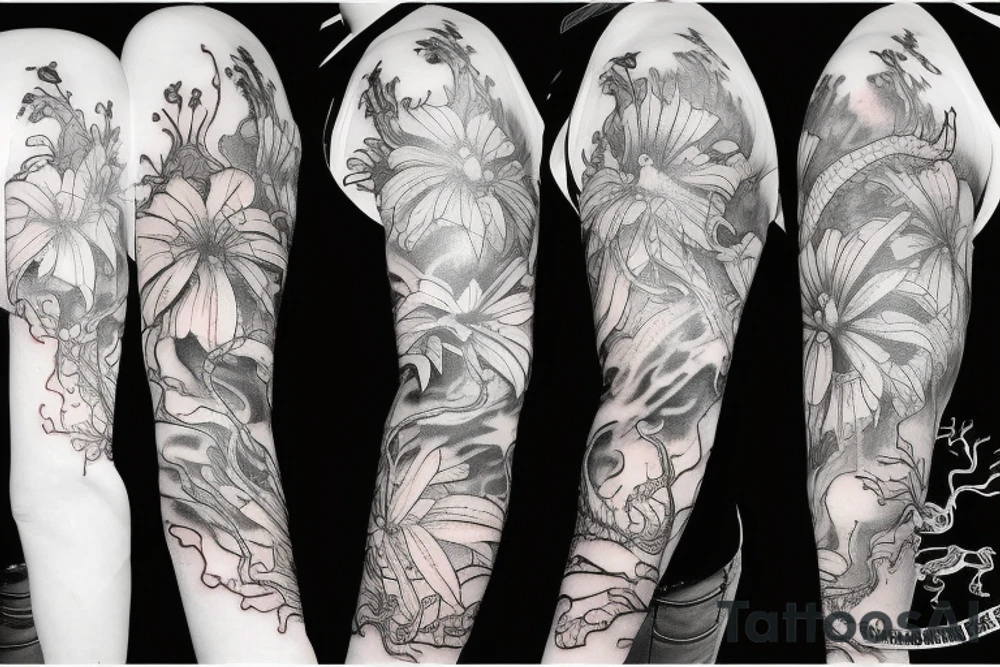 small spider lilies full sleeve tattoo with crashing waves in the background and a dragon wrapping around my arm tattoo idea