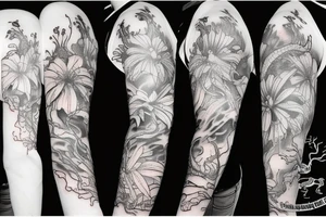 small spider lilies full sleeve tattoo with crashing waves in the background and a dragon wrapping around my arm tattoo idea