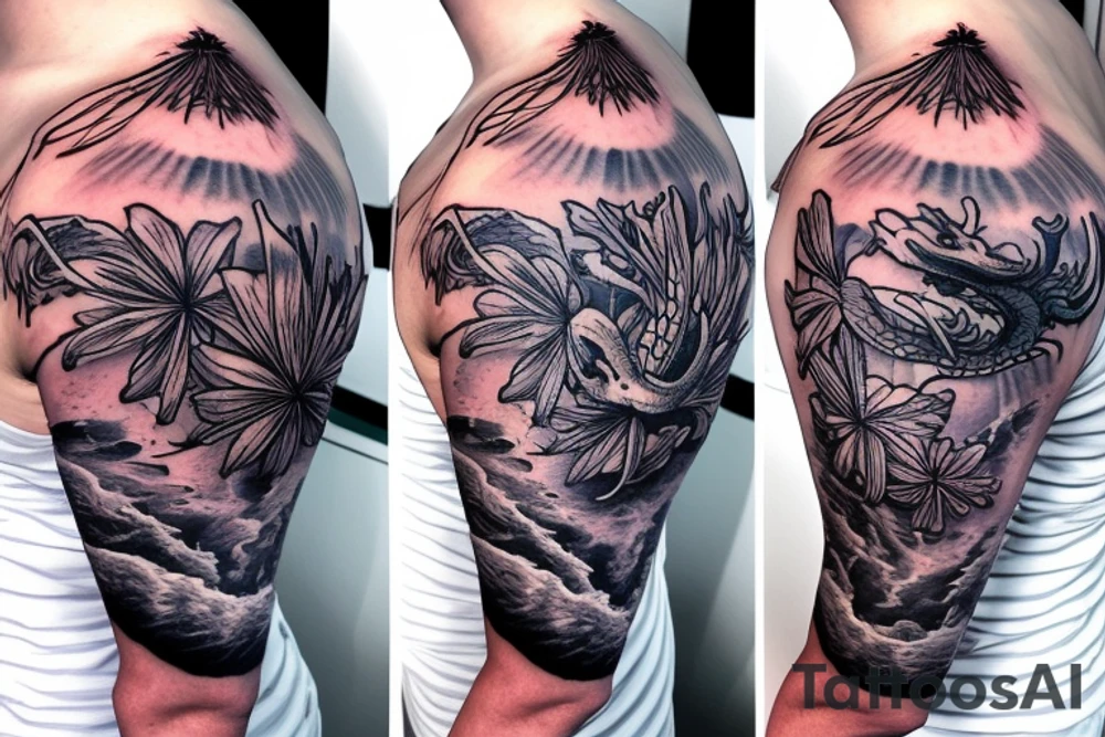 small spider lilies full sleeve tattoo with crashing waves in the background and a dragon wrapping around my arm
dragon tattoo idea
