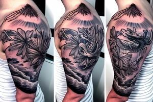 small spider lilies full sleeve tattoo with crashing waves in the background and a dragon wrapping around my arm
dragon tattoo idea