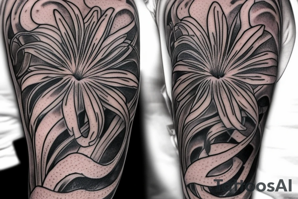 small spider lilies full sleeve tattoo with crashing waves in the background and a dragon wrapping around my arm
dragon tattoo idea