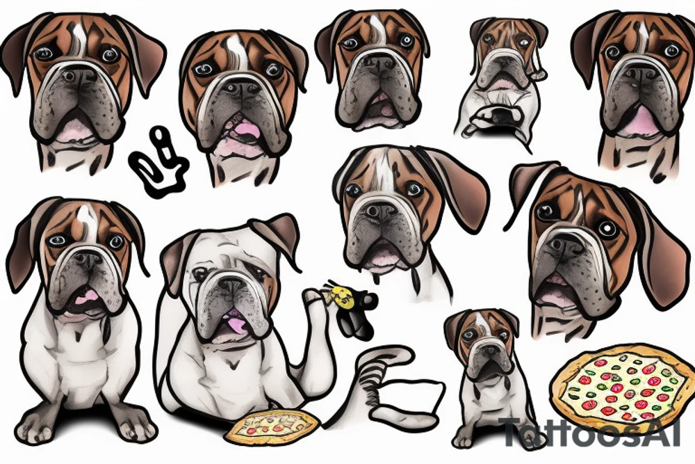 Boxer dog holding a piece of pizza tattoo idea