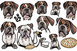 Boxer dog holding a piece of pizza tattoo idea