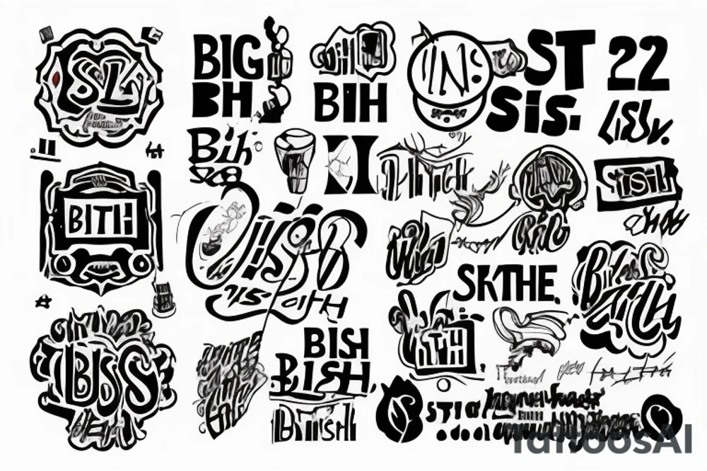 The big graffiti of the word “Bish” in one stile and the second graffiti word “City” smaller in another stile tattoo idea