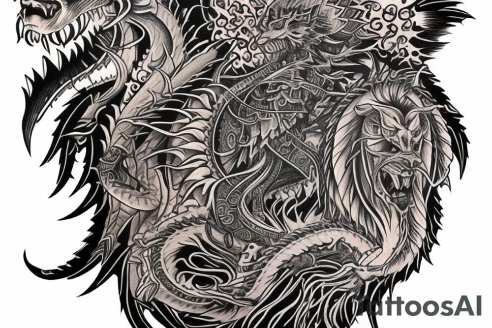 sleeve tattoo
10,000 days
lions and dragons head
Divinely Illuminated
full colour tattoo idea