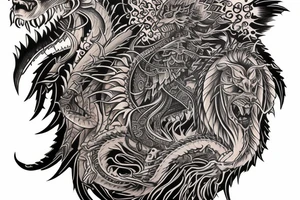 sleeve tattoo
10,000 days
lions and dragons head
Divinely Illuminated
full colour tattoo idea