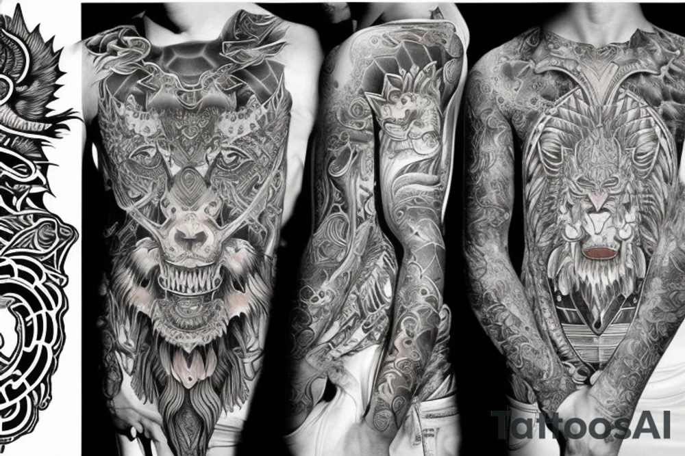 sleeve tattoo
10,000 days
lions and dragons head
Divinely Illuminated
full colour tattoo idea