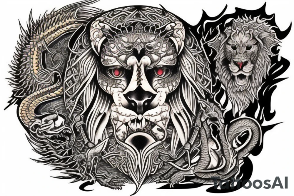 sleeve tattoo
10,000 days
lions and dragons head
Divinely Illuminated
full colour tattoo idea