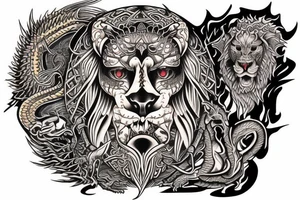 sleeve tattoo
10,000 days
lions and dragons head
Divinely Illuminated
full colour tattoo idea