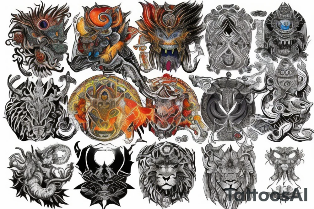 sleeve tattoo
10,000 days
lions and dragons head
Divinely Illuminated
full colour tattoo idea