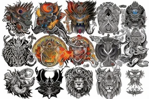sleeve tattoo
10,000 days
lions and dragons head
Divinely Illuminated
full colour tattoo idea