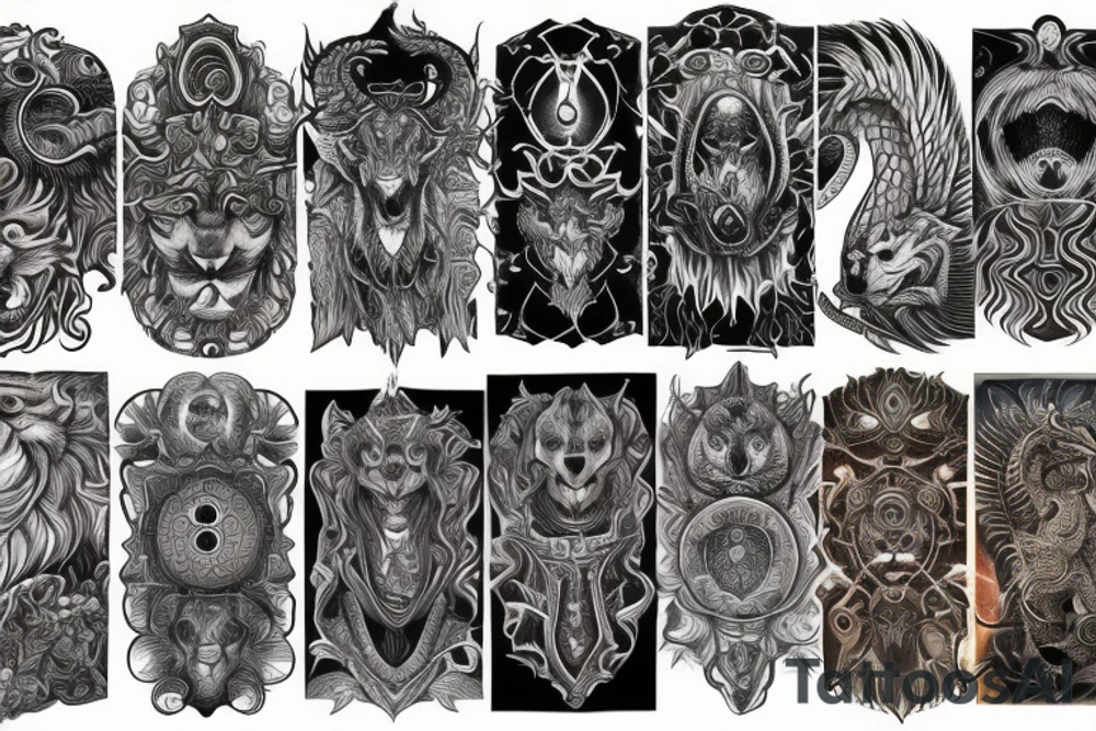 sleeve tattoo
10,000 days
lions and dragons head
Divinely Illuminated
full colour tattoo idea