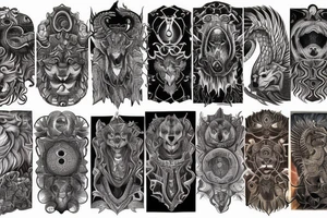 sleeve tattoo
10,000 days
lions and dragons head
Divinely Illuminated
full colour tattoo idea