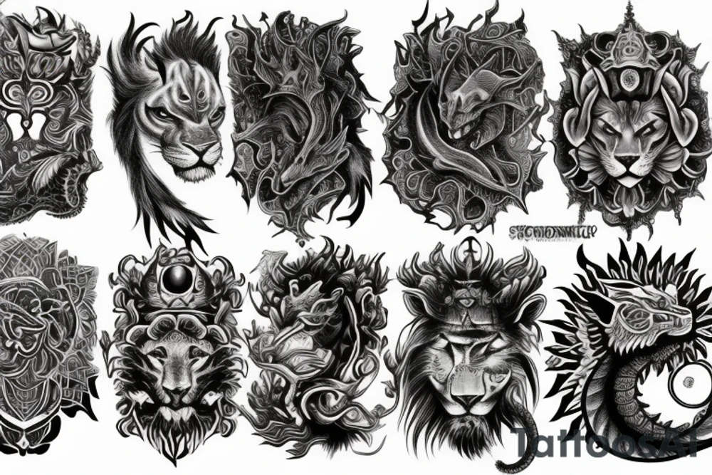 sleeve tattoo
10,000 days
lions and dragons head
Divinely Illuminated
full colour tattoo idea